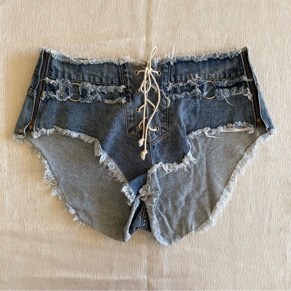 Y2K‎ Lace Up Denim Micro Shorts Size 31 Distressed Zip Sides Custom
